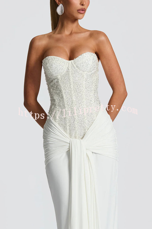 Carina Sequined and Satin Jersey Off Shoulder Ruched Knot Drape Maxi Dress