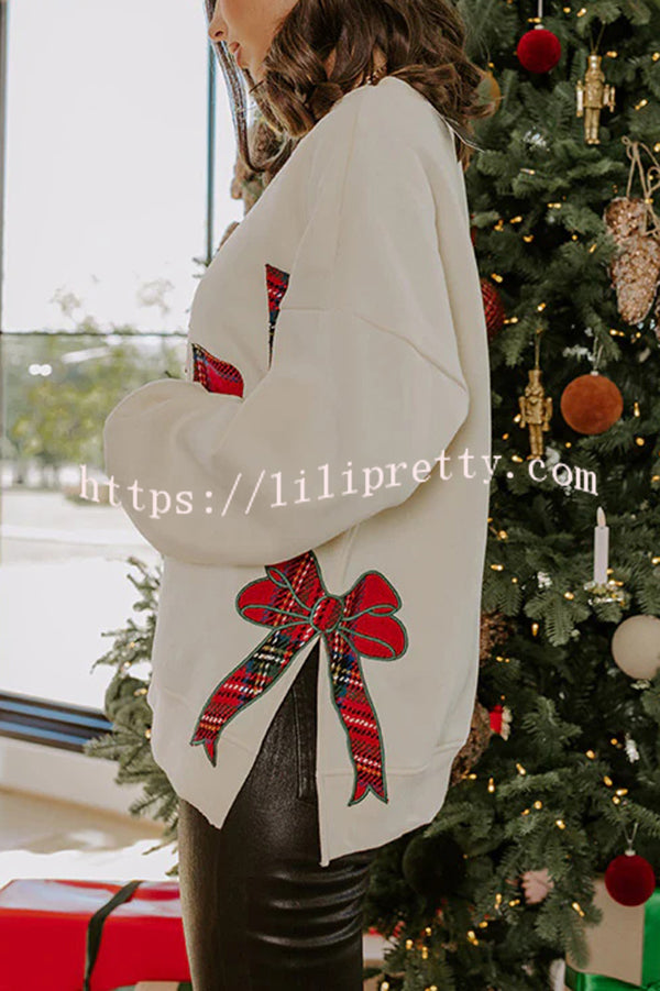 Merry Plaid Embroidered Bow Long-Sleeve Loose Sweatshirt