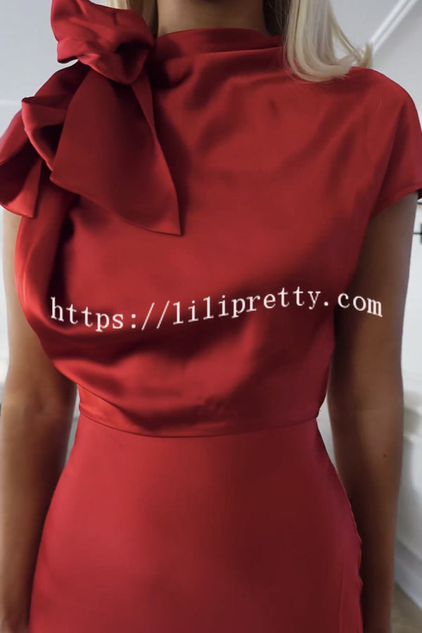 Lilipretty Heartfelt Wishes Satin Bow Tie Neck Short Sleeve Maxi Dress