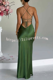 Satin Solid Color Sexy Backless Lace Up High Slit Maxi Dress