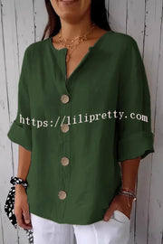 Solid Color V-neck Loose Button Top