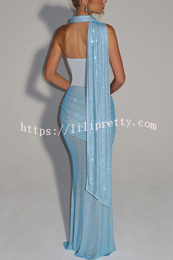Kailani Sequin Strapless Mesh Cutout Waist Ruched Scarf Maxi Dress
