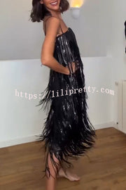 Chic Celebration Layered Sequined Tassels Slip Strapless H-line Midi Dress