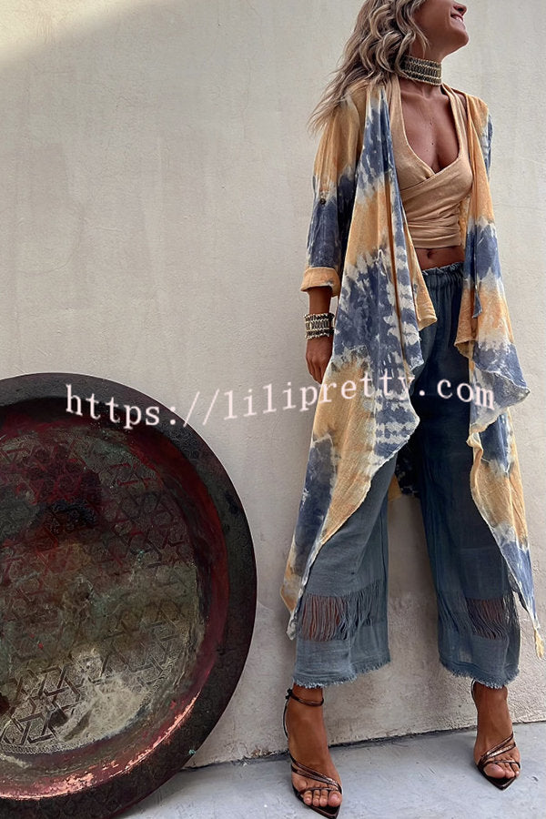 Lilipretty Isley Tie Dye Print Open Front Long Sleeve Ruffle Duster Kimono