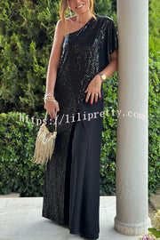 Party Favors Sequin One Shoulder Ruffle Detail Wide Leg Evening Jumpsuit