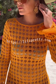 Sunny Beachside Crochet Knit Hollow Out Long Sleeve Cover-up Maxi Dress