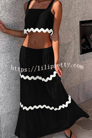 Napa Ric Rac Trims Sleeveless Crop Tank and Drawstring Elastic Waist Pocket Maxi Skirt