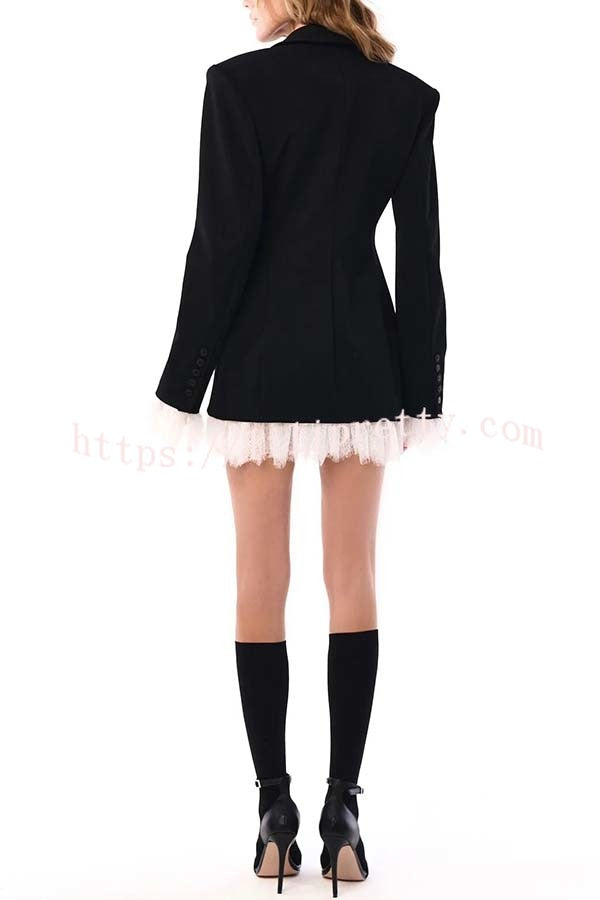 Cue The Chic Lace Trim Button Long Sleeve Lapel Blazer Mini Dress