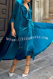 Olivienne Luxurious Velvet Padded Shoulders Slit Sleeve Lapel Midi Cape