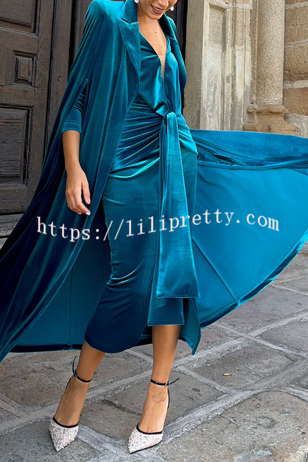 Olivienne Luxurious Velvet Padded Shoulders Slit Sleeve Lapel Midi Cape