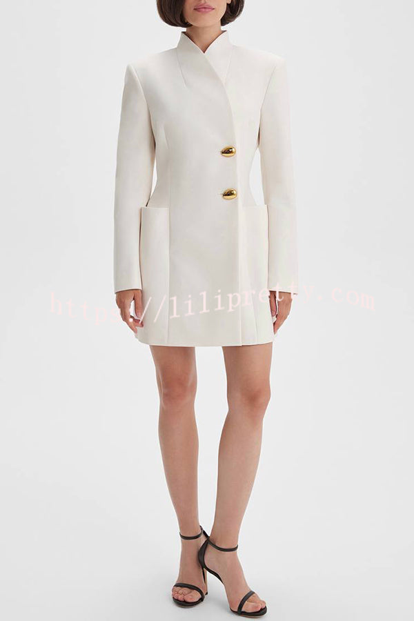 Kayleen Stand V-neck Decorative Metal Button Long Sleeve Pocket Blazer Mini Dress