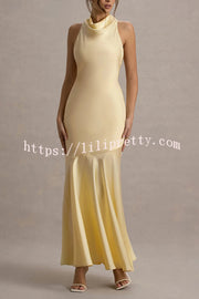 Timeless Sophistication Satin Cowl Detail Back Self-tie Halter Neck Maxi Dress