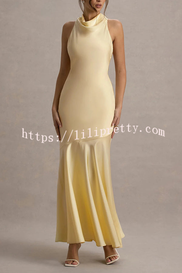 Timeless Sophistication Satin Cowl Detail Back Self-tie Halter Neck Maxi Dress