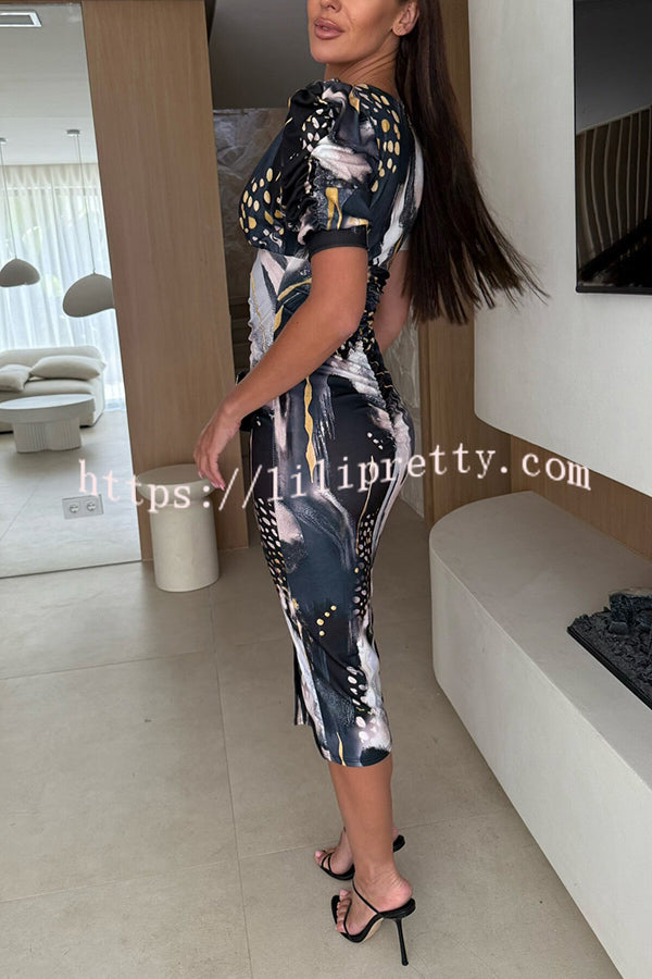 Unique Print V-Neck Puff Sleeve Slit Slim Midi Dress