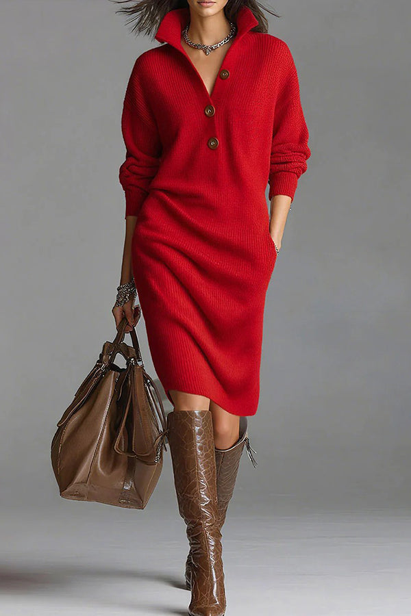 Solid Color Collared Button Pocket Loose Casual Knit Midi Dress