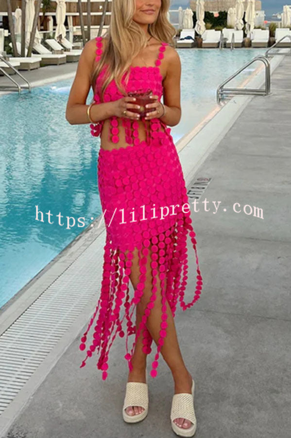 Caitlin See Through Circle Embroidery Square Neck Tassle Hem Slip Tank