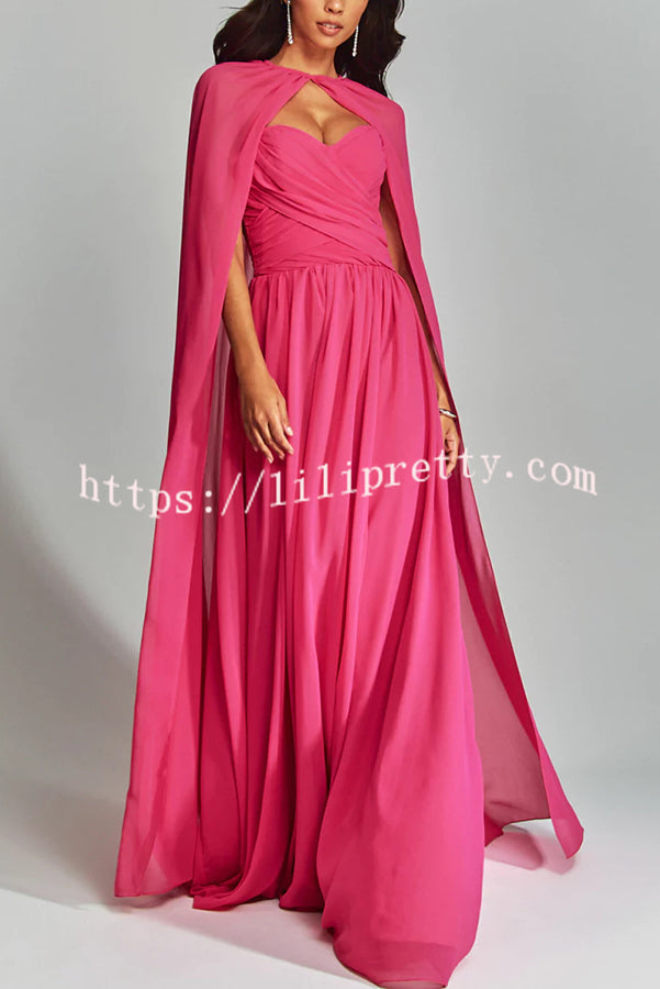 Romantic Party Chiffon Off Shoulder Sweetheart Neck Ruched Cape Maxi Dress