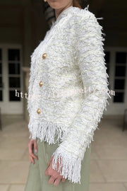 Solid Color Metal Button Long Sleeve Elegant Tassel Top