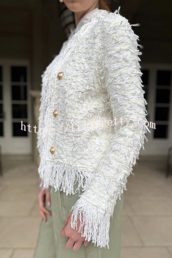 Solid Color Metal Button Long Sleeve Elegant Tassel Top