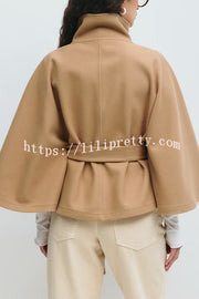 Fashionable Stand Collar Button Waist Tie Loose Cape