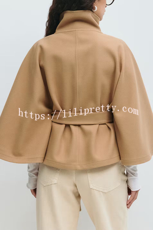 Fashionable Stand Collar Button Waist Tie Loose Cape
