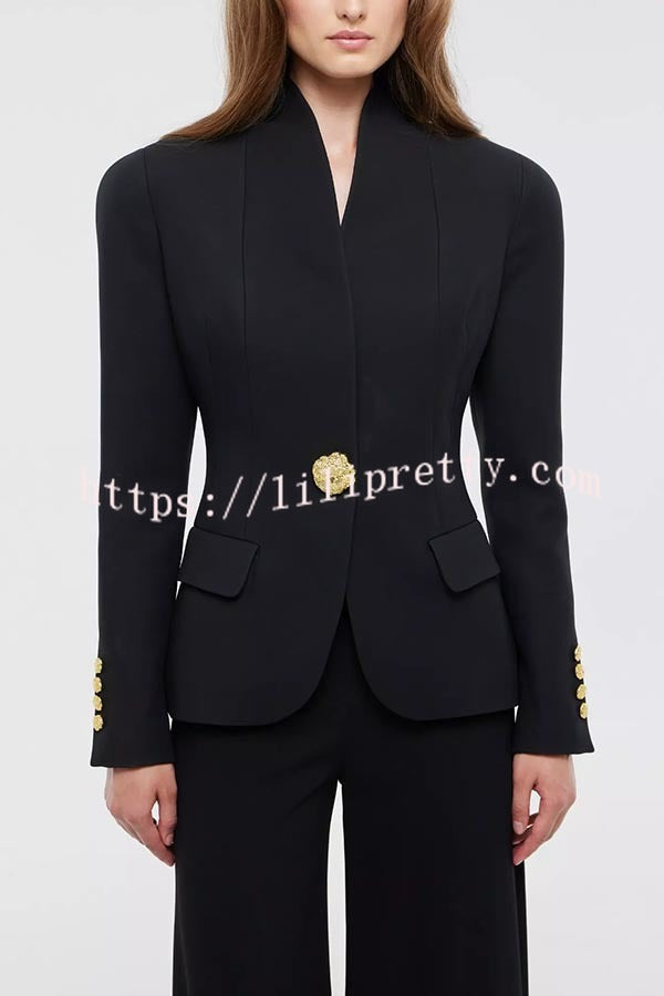 Classic Luxury Unique Metal Button Stand Collar Long Sleeve Jacket