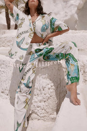 Linen-blend Mermaid-print Shirt Top and Elastic-waisted Loose Pants Set