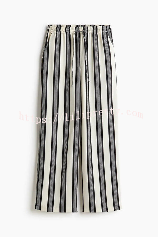 Lifetime of Happiness Striped Long Sleeve Loose Shirt and Elastic Waist Pocket Pants Set