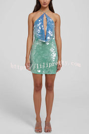 Fashion Sexy Sequined Backless Halter Neck Slim Fit Mini Dress