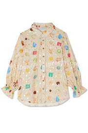 Fashionable Gold Stamping Unique Printing Lapel Long Sleeve Shirt and Elastic Waist Casual Pocket Shorts Set