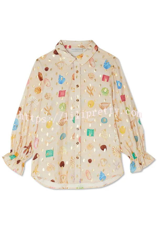 Fashionable Gold Stamping Unique Printing Lapel Long Sleeve Shirt and Elastic Waist Casual Pocket Shorts Set