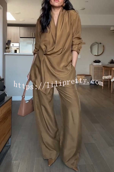 Bella Satin Drape Collar Single Button Casual Blazer and Elastic Waist Pocket Loose Pants Set