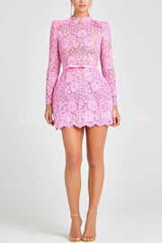 Champagne Toast Flower Lace Long Sleeve Bow Belted Mini Dress