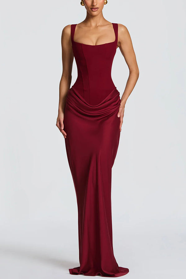 Larrah Square Neck Back Lace-up Satin Drape Hem Maxi Dress