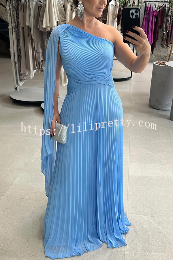 Kate Pleated One Shoulder Drape Sleeve Twist Waist Maxi Dress