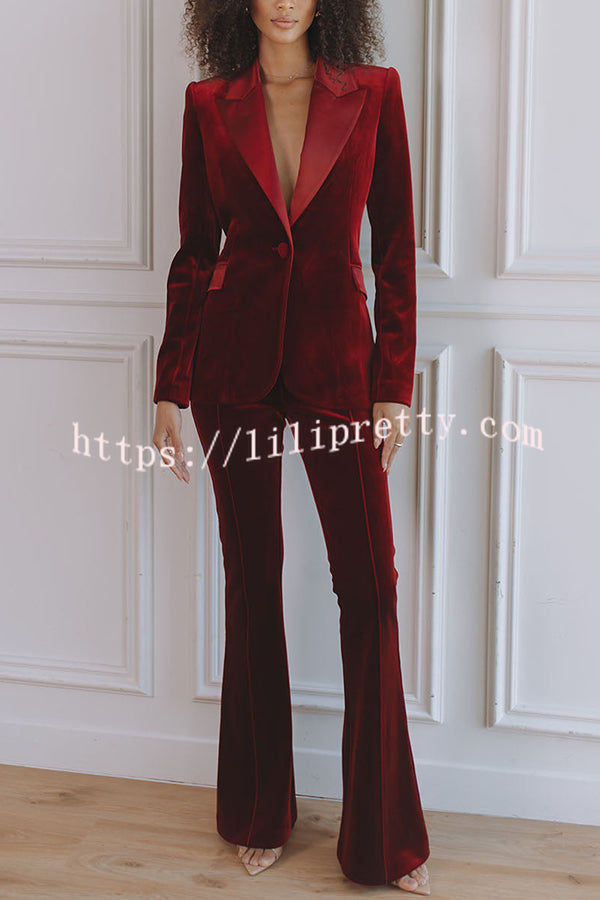 Delicate Daze Velvet Satin Lapel Button Up Long Sleeve Tapered Waist Blazer