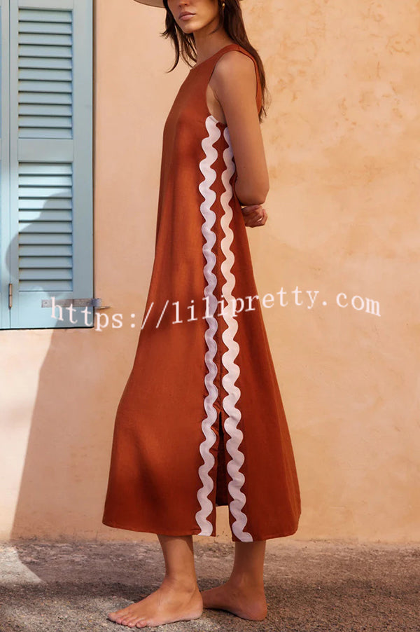 Lilipretty® Vacation Villa Side Ric Rac Wave Trim Slit Loose Maxi Dress