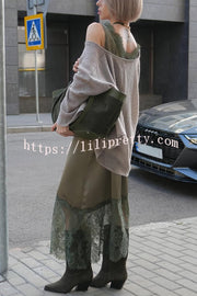 Luxury Winter Satin Lace Trim V-neck Sleeveless H-line Maxi Dress