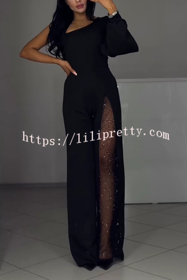 Fashionable Oblique Shoulder One-sleeve Sexy High Slit Slim Jumpsuit