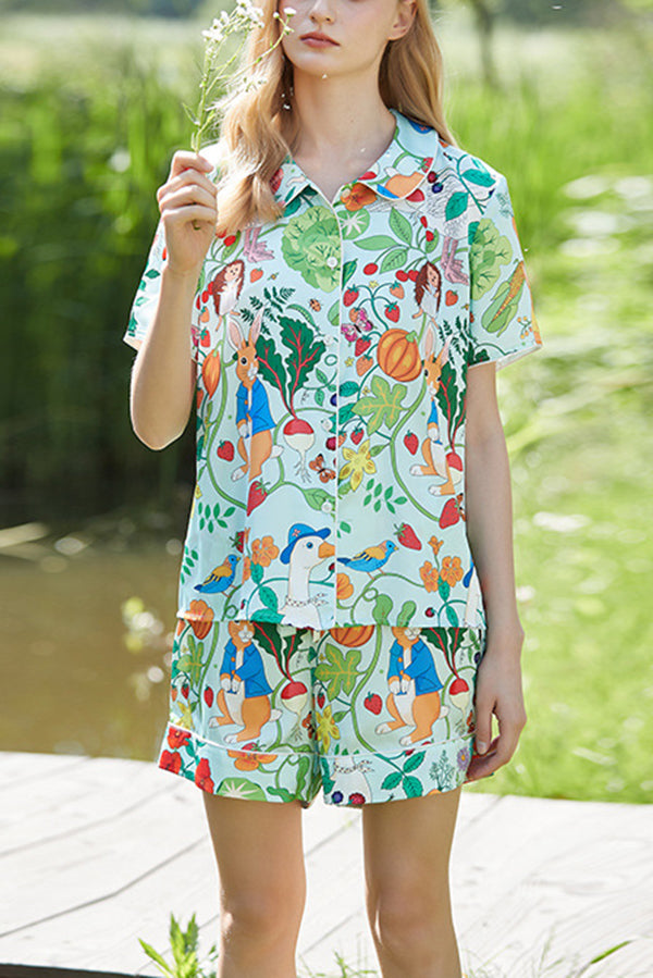 Green Carrot and Bunny Print Home Shorts Two-piece Set