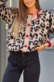 Leopard Print Crew Neck Long-sleeved Loose Knit Cardigan