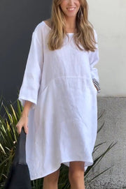 Linen Blend Solid Loose Casual Pocket Mini Dress