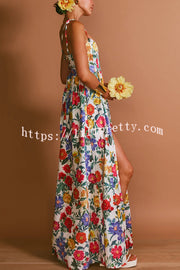 Garden Wedding Floral Print Back Tie-up Pocketed Slit Maxi Dress