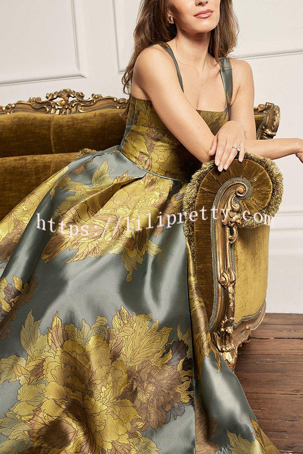 London Nights Satin Floral Pattern Square Neck Pocket Pleated Prom Maxi Dress