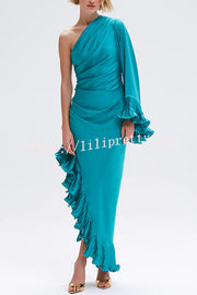 Elegant Satin One Shoulder Sleeve Pleated Ruffles Trim Ruched Asymmetrical Maxi Dress