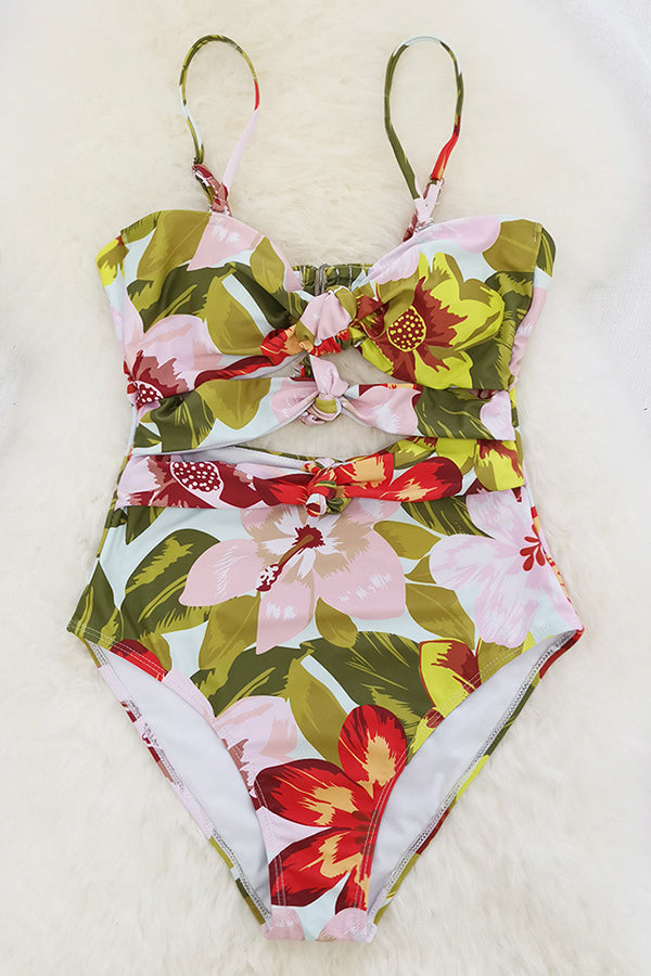 Floral Print Sexy Hollow Stretch One-Piece Swimsuit