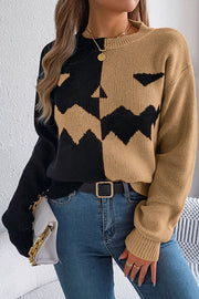 Halloween Pumpkin Contrast Color Long Sleeve Loose Sweater