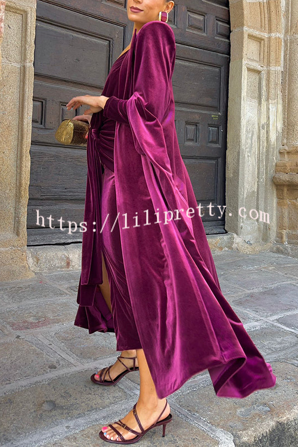 Olivienne Luxurious Velvet Padded Shoulders Slit Sleeve Lapel Midi Cape