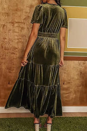 Lilipretty Stunning V-Neck Velvet Stretch Waist Pocket Pleated Maxi Dress
