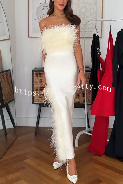 Retro and Glamorous Feather Trim Detail Bandeau Slit Stretch Midi Dress